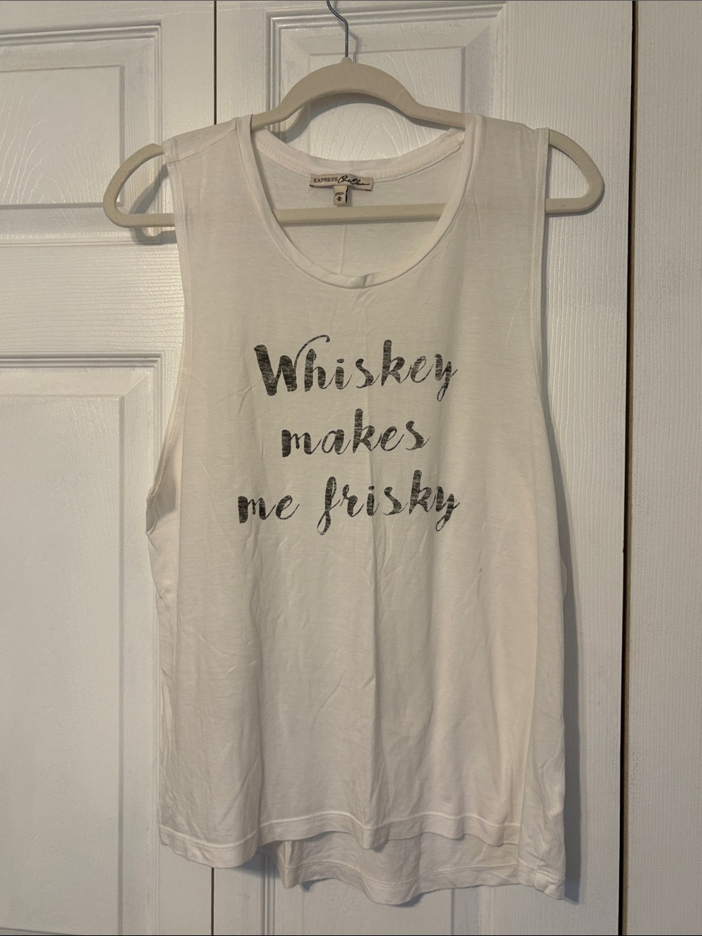 Vintage Express White Tank Top with Black Script Graphic.